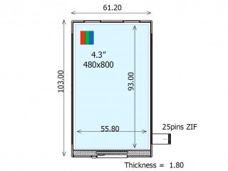 Ortustech 4.3" VA 液晶模组 480×800 300nits 透反射式 16.7M WLED MIPI 25pins