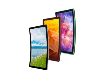 65 英寸 4K 超清商用曲线屏, 上下双侧 LED 边缘发光, ADS 广视角, eDP 高速传输, 支持 7×24 小时不间断运行, 适用于会议、展厅、商超、广告展示等场景
