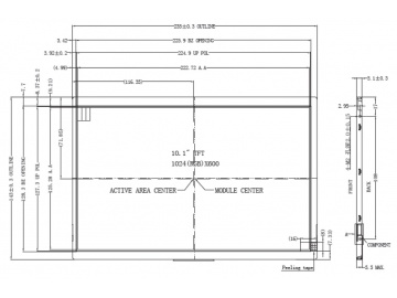 10.1寸, 1024*600, 350亮度, LVDS接口, 40pin, IPS液晶模组