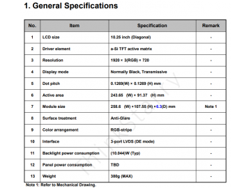 10.25寸, 1920*720, 1000亮度,  50pins, LVDS, IPS 液晶模组