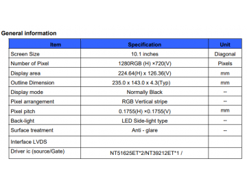 10.1寸, 1280*720, 500亮度, 60pins, LVDS, IPS液晶模组