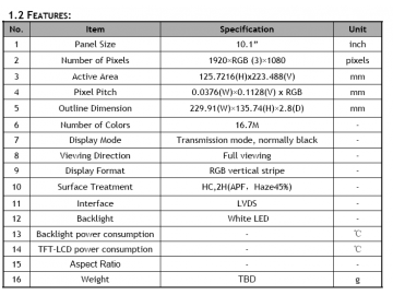 10.1寸液晶显示模组 1920*1080 40pin IPS 280cd/m2 LVDS接口