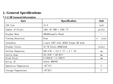 15.6寸液晶显示模组 1920*1080 40pin IPS 1000cd/m2 LVDS接口