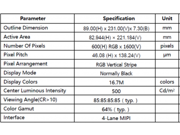10.3寸条形屏, 3:8显示比例, 600*1600分辨率, MIPI接口, 长期稳定供货