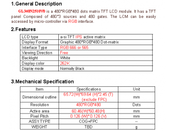 3.4寸液晶显示模组 480*480 IPS 900亮度 40pin RGB接口