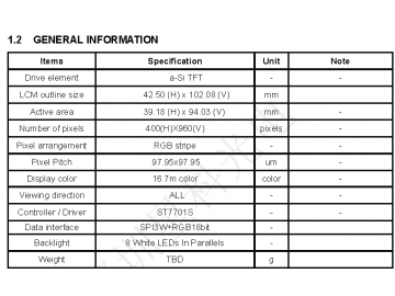 4寸液晶显示模组 400*960 IPS 500亮度 RGB接口