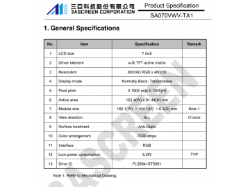 7" 1000nits 高清液晶屏 800*480 IPS全视角液晶屏 60pins TTL接口 厂家可定制高亮液晶屏模组 3AScreen