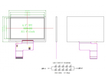 4.3寸, 800*480, 400亮度, 40pins, TTL接口, ST7262, 路为液晶模组