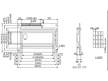 144*32 点阵图形液晶模块 12864LCD, 带中文字符库 尺寸80*36MM