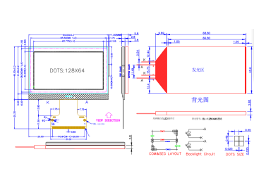 128*64 单色 36 引脚图形液晶显示模块 FSTN 12864 LCD 外型尺寸 69*46MM