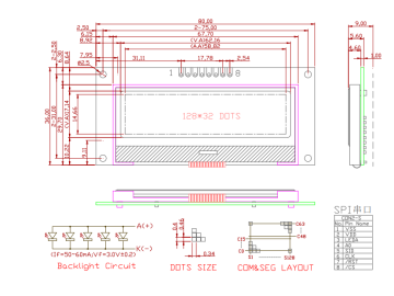 128x32 图形点阵COG+PCB 工艺SPI 串口通讯 外型尺寸80*36MM