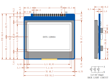128*64 COG点阵屏 带板 图形液晶显示模块 12864 LCD 外型尺寸50.2*44.8MM