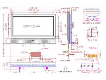 13264LCD 点阵屏13264常规款132X64图形点阵COG (size: 57X37X5.1mm)