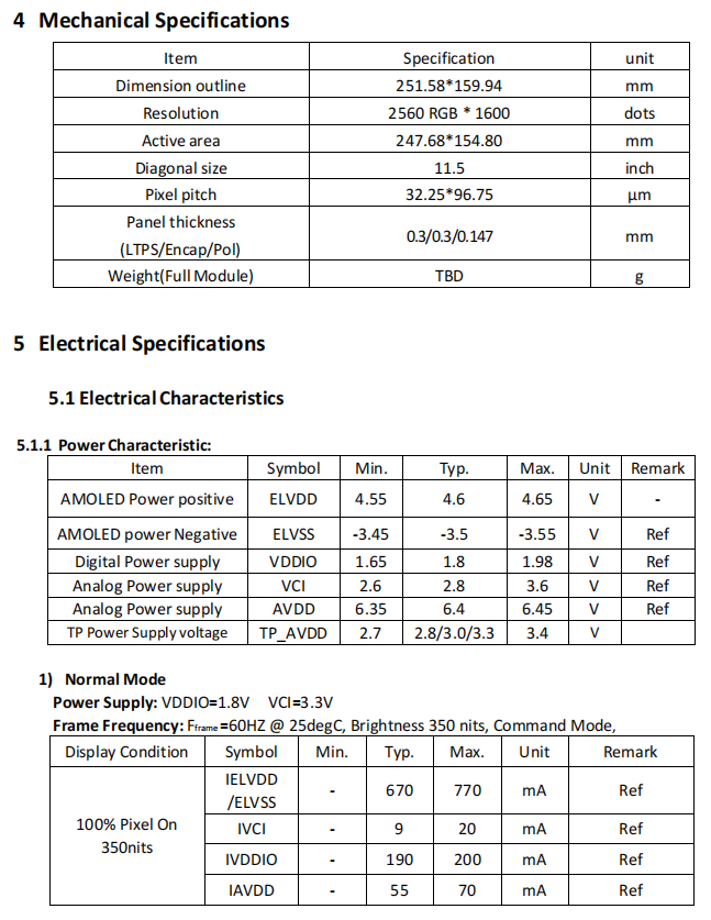 TA115UWH01 TDO 11.5Inch, OLED display Screen, 2560*1600, 61pins, MIPI